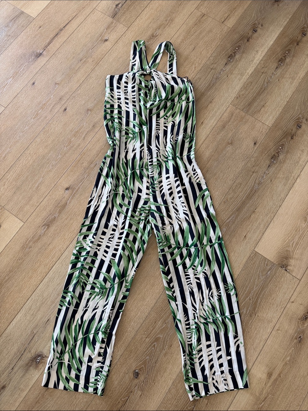 Zara Black, White & Green Leaf-Print Sleeveless Striped Jumpsuit